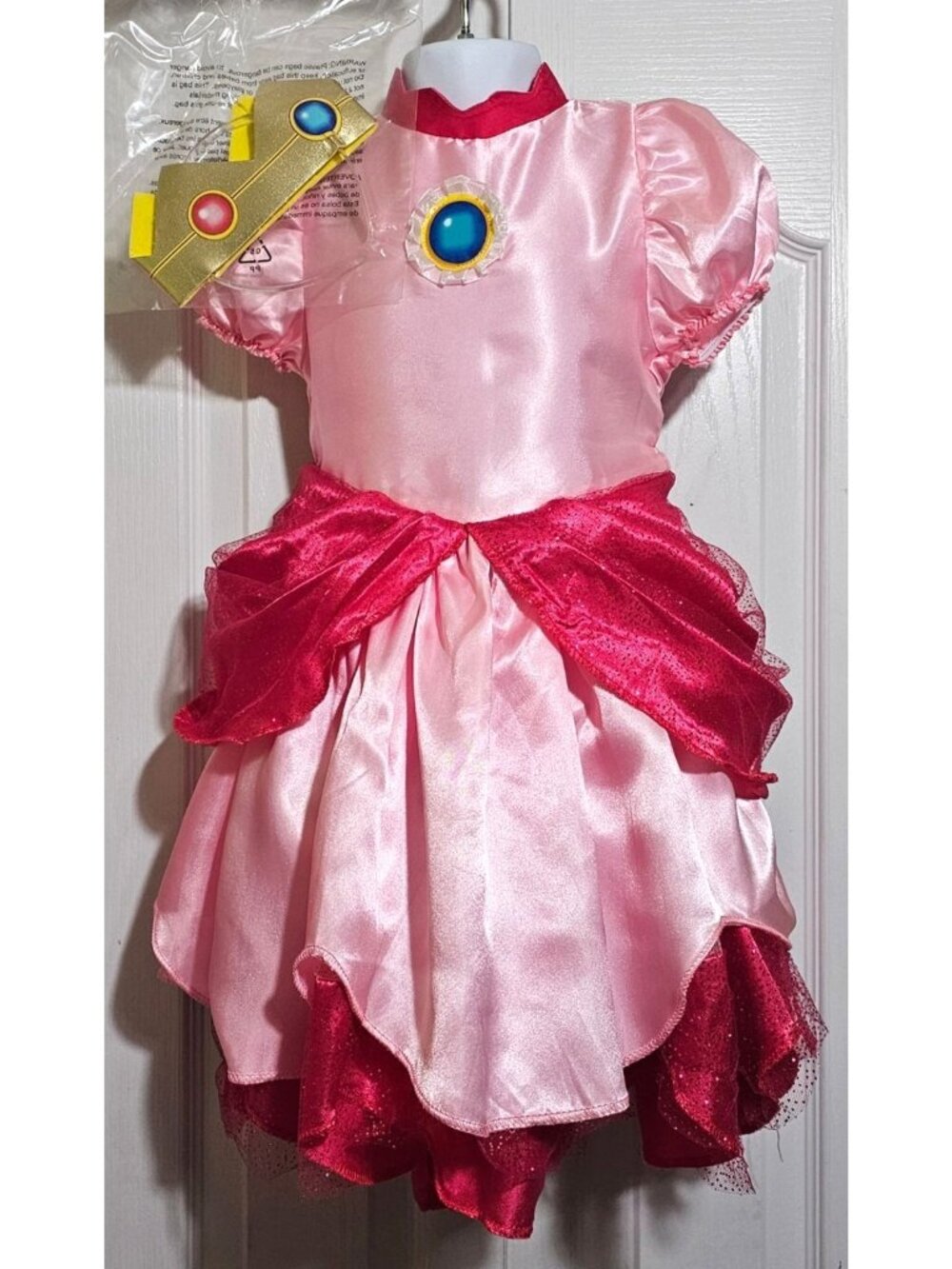 Princess Peach Deluxe Costume Toddler 3T-4T Girls Dress Tiara Crown Disguise